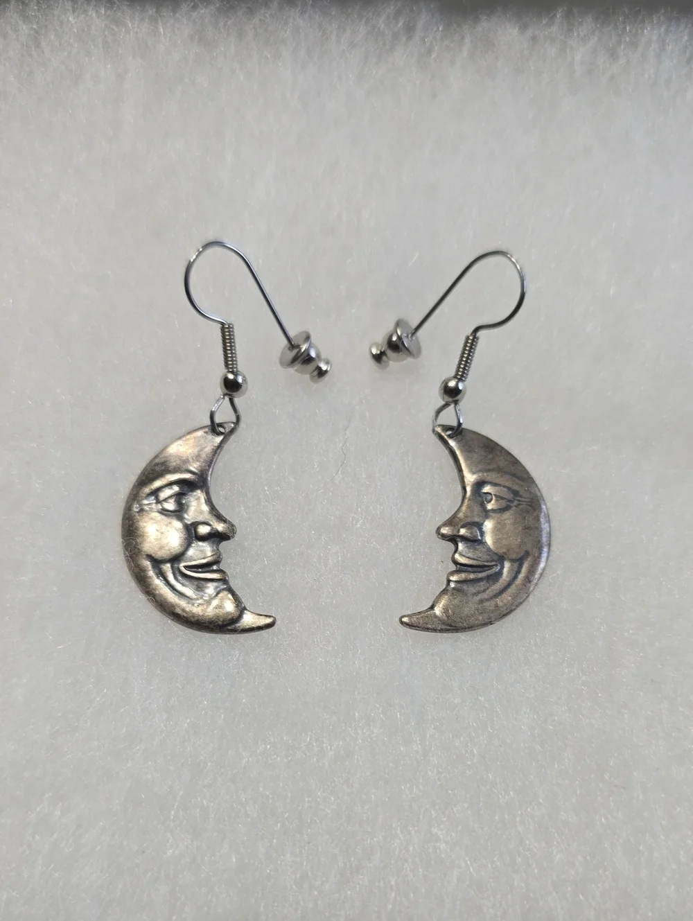 Silver Crescent Moon Face Dangle Earrings